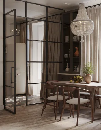 Интерьер кухни с проходной, две двери, проемом, перегородкой раздвижной и зеркалом на двери  смотреть на Basicdecor