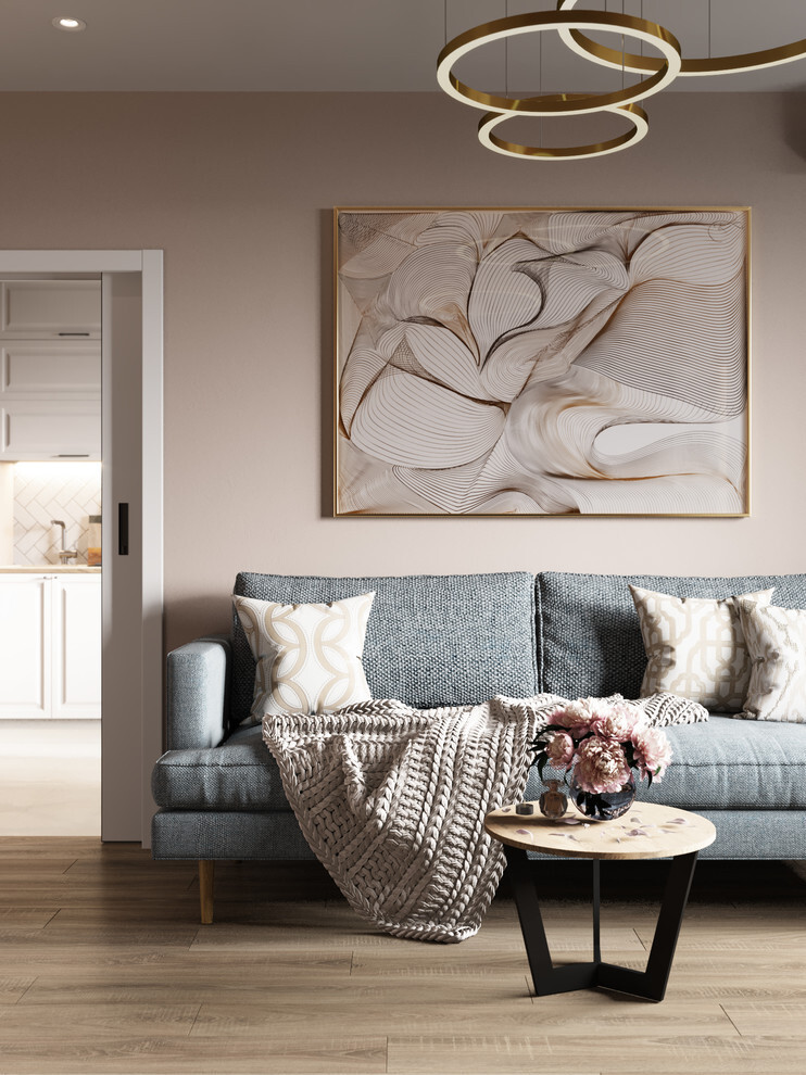Интерьер гостиной с картинами над камином и световыми линиями в современном стиле
