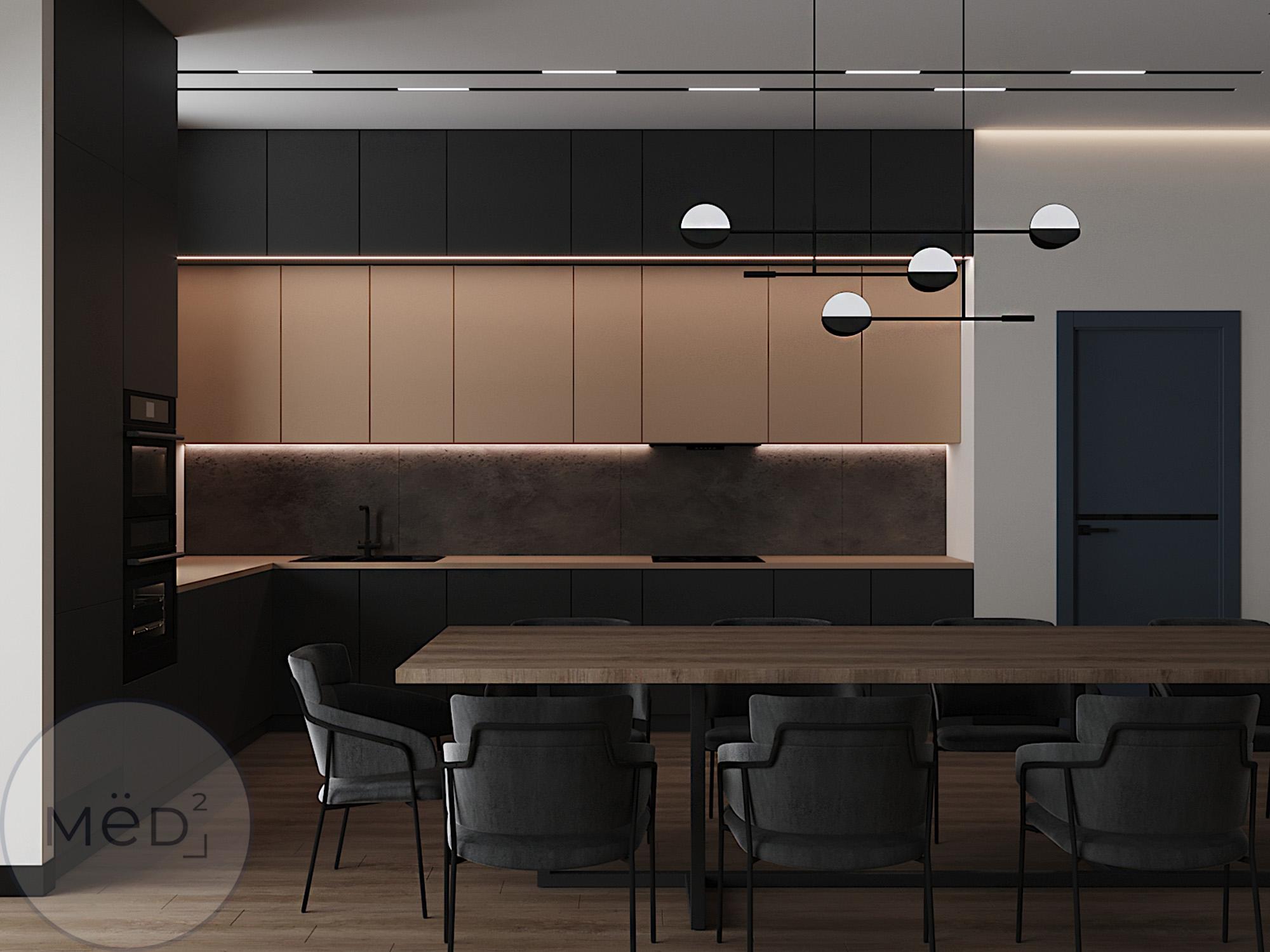 Интерьер кухни cветильниками над столом, подсветкой настенной, подсветкой светодиодной и с подсветкой в стиле лофт