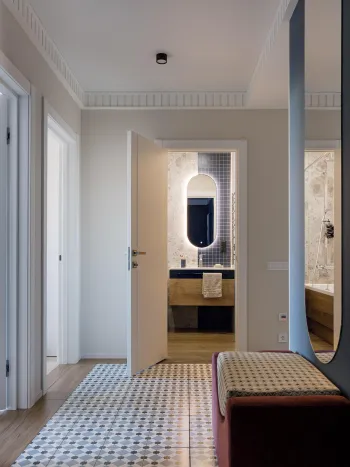 Интерьер с проходной и зеркалом на двери  смотреть на Basicdecor