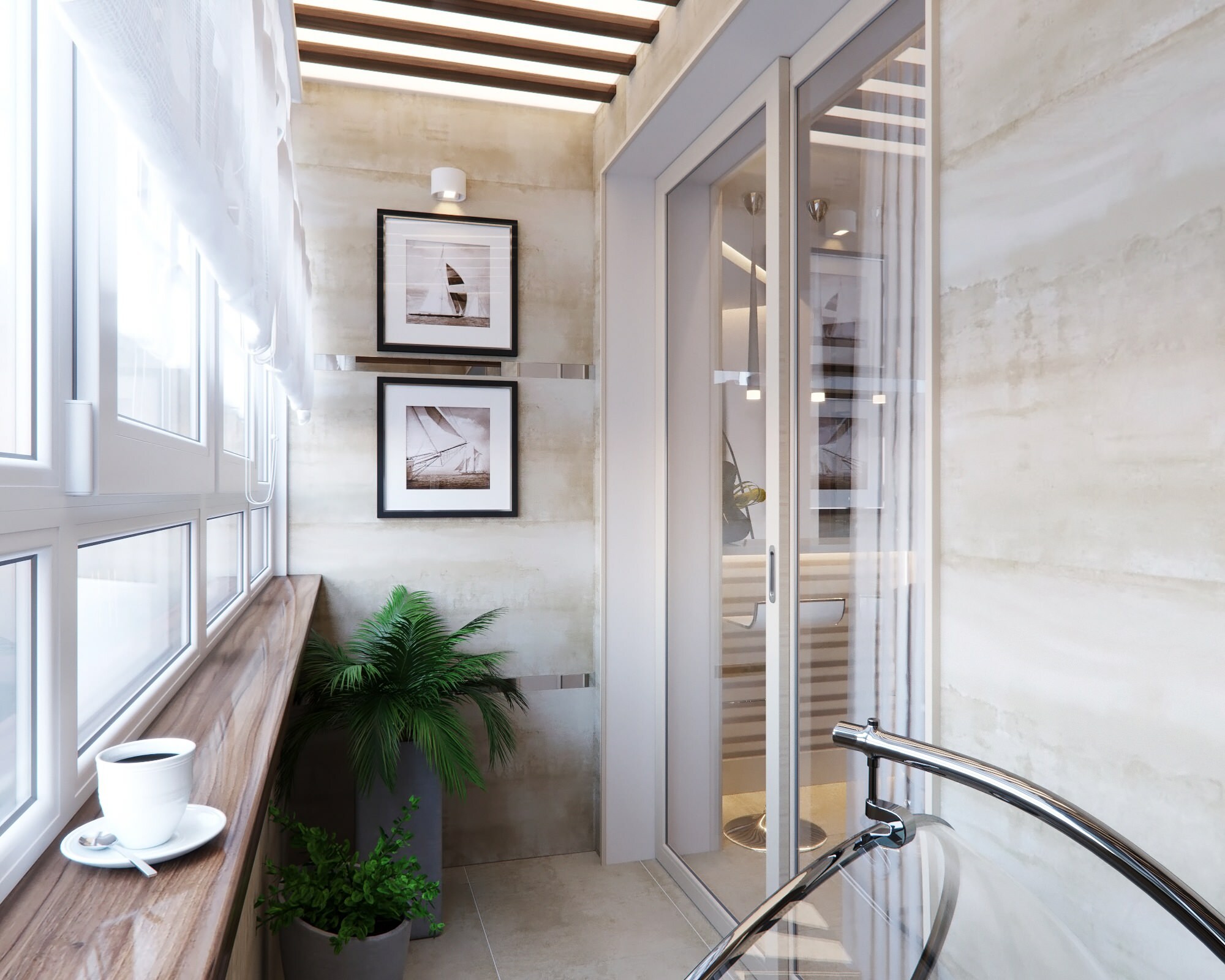 Интерьер ванной с балконом и световыми линиями