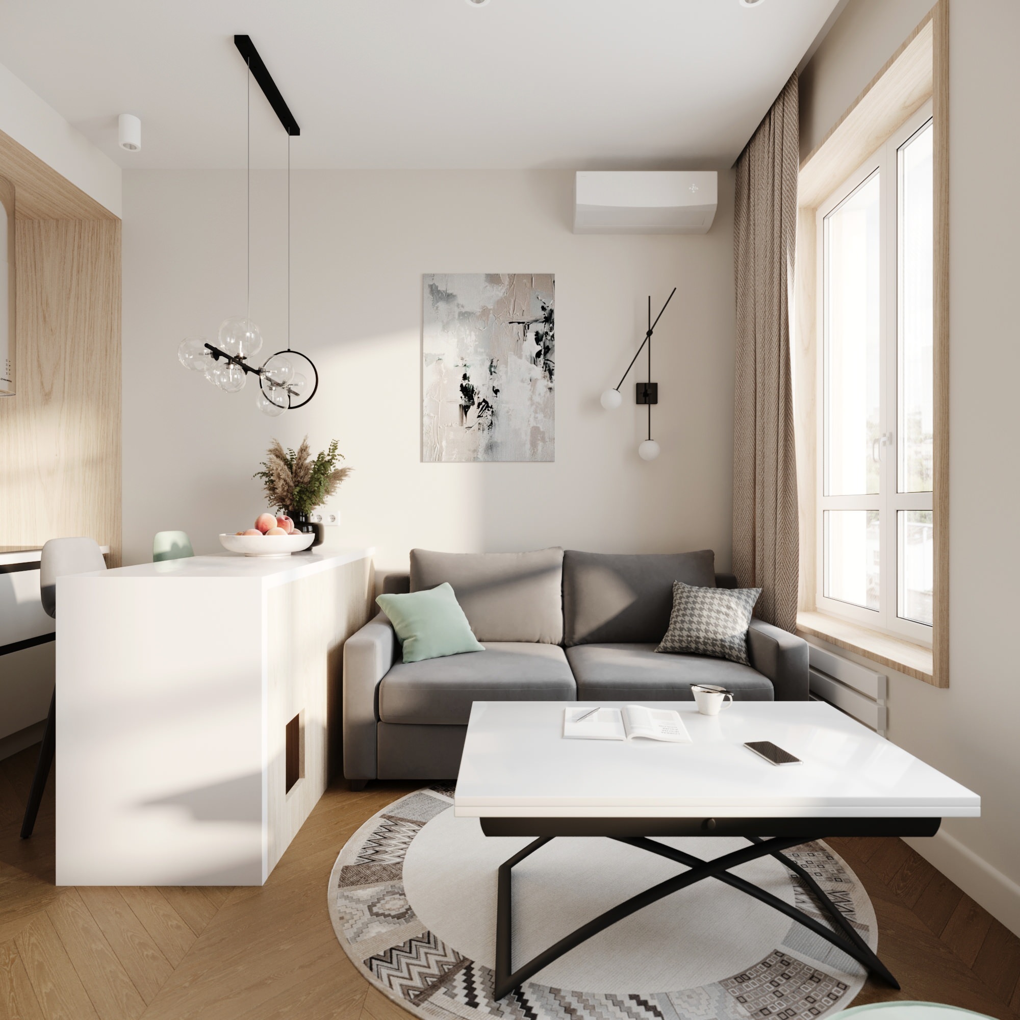 Интерьер гостиной с зонированием, проходной и open space в современном стиле и в стиле лофт
