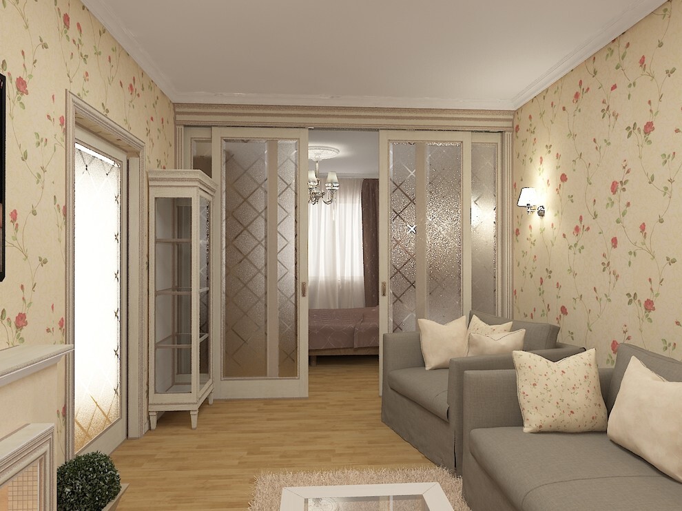 Интерьер спальни с зонированием шторами, две двери, проемом, зеркалом на двери и дверными жалюзи в классическом стиле