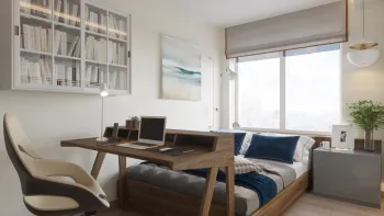 Интерьер спальни c рабочим местом в современном стиле смотреть на Basicdecor