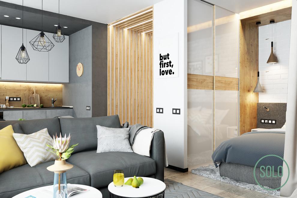 Интерьер спальни с зонированием и керамогранитом на стену с телевизором в стиле лофт и скандинавском стиле