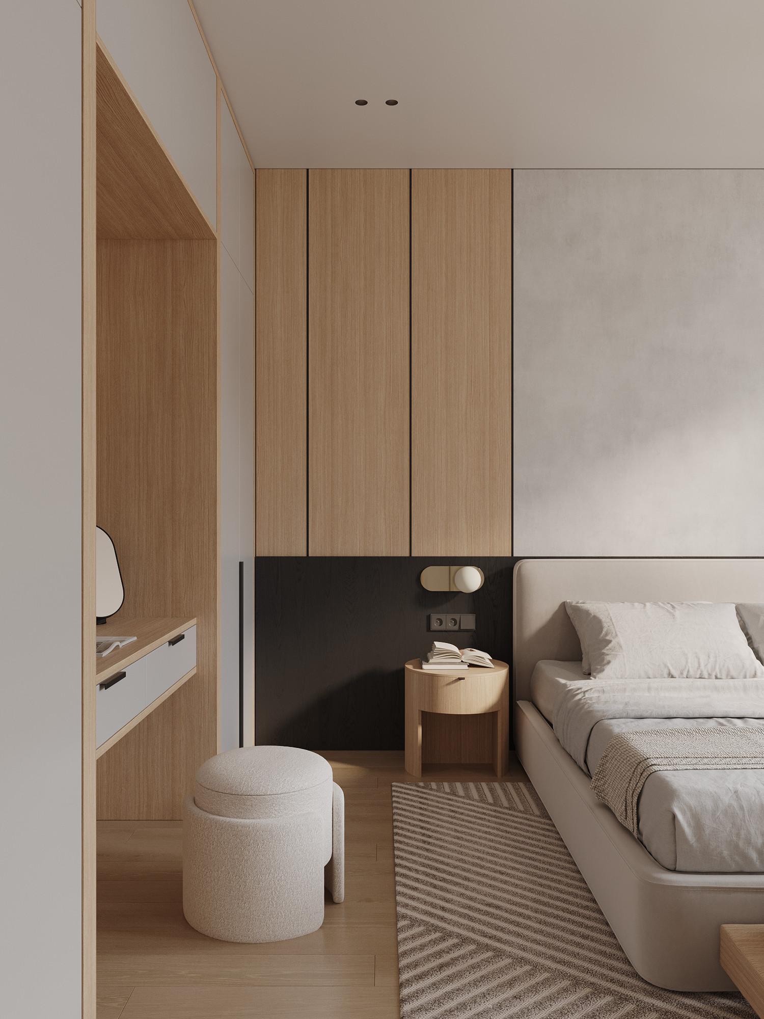 Интерьер спальни с шкафом над кроватью, шкафом напротив кровати и шкафом у кровати в современном стиле, в стиле лофт и эко
