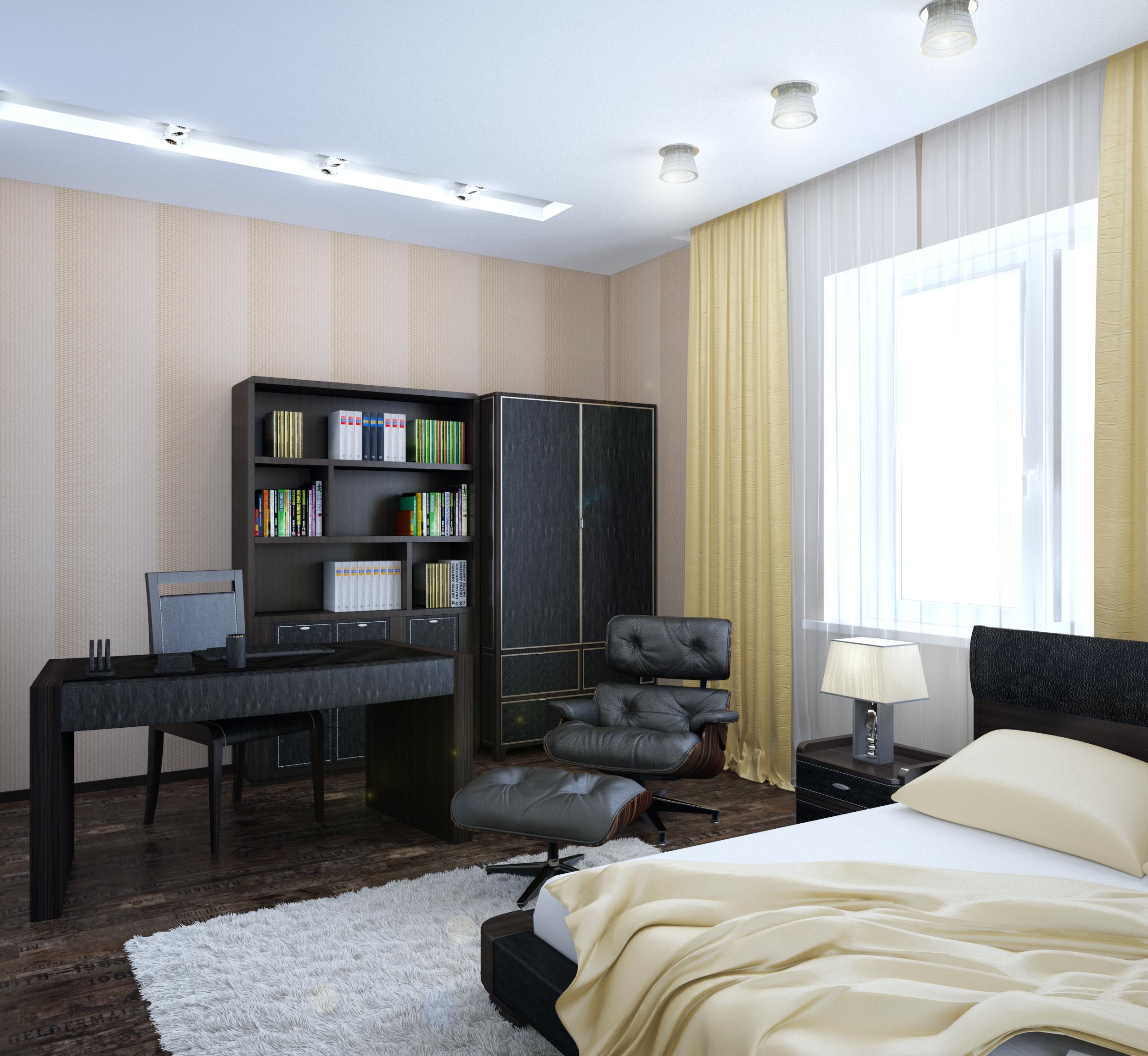 Интерьер спальни c рабочим местом, рейками с подсветкой, подсветкой настенной, подсветкой светодиодной, светильниками над кроватью и с подсветкой