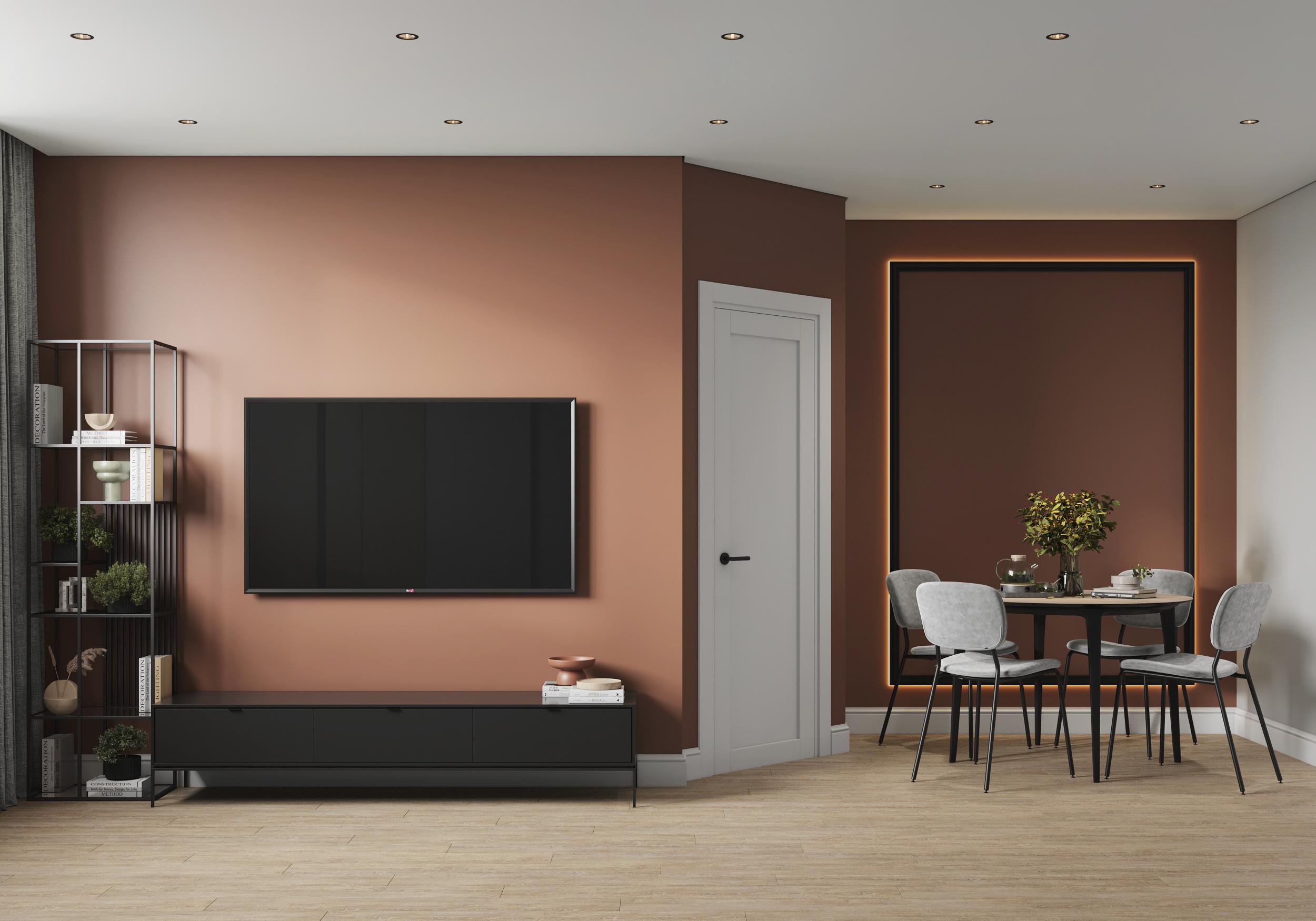 Интерьер гостиной cтеной с телевизором, телевизором на стене, керамогранитом на стену с телевизором и подсветкой настенной