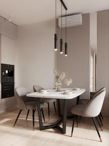 Интерьер кухни cветильниками над столом  смотреть на Basicdecor