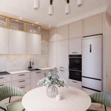 Интерьер кухни cветильниками над столом  смотреть на Basicdecor