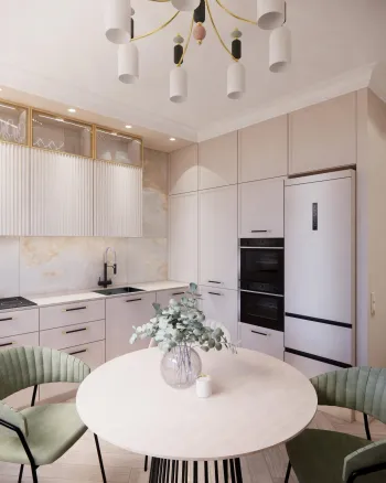 Интерьер кухни cветильниками над столом  смотреть на Basicdecor