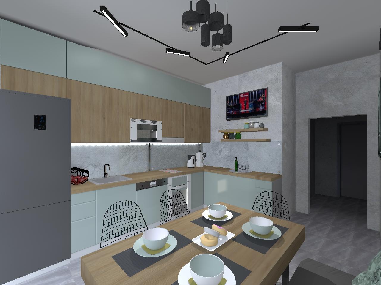 Интерьер кухни cветовыми линиями, подсветкой настенной и подсветкой светодиодной