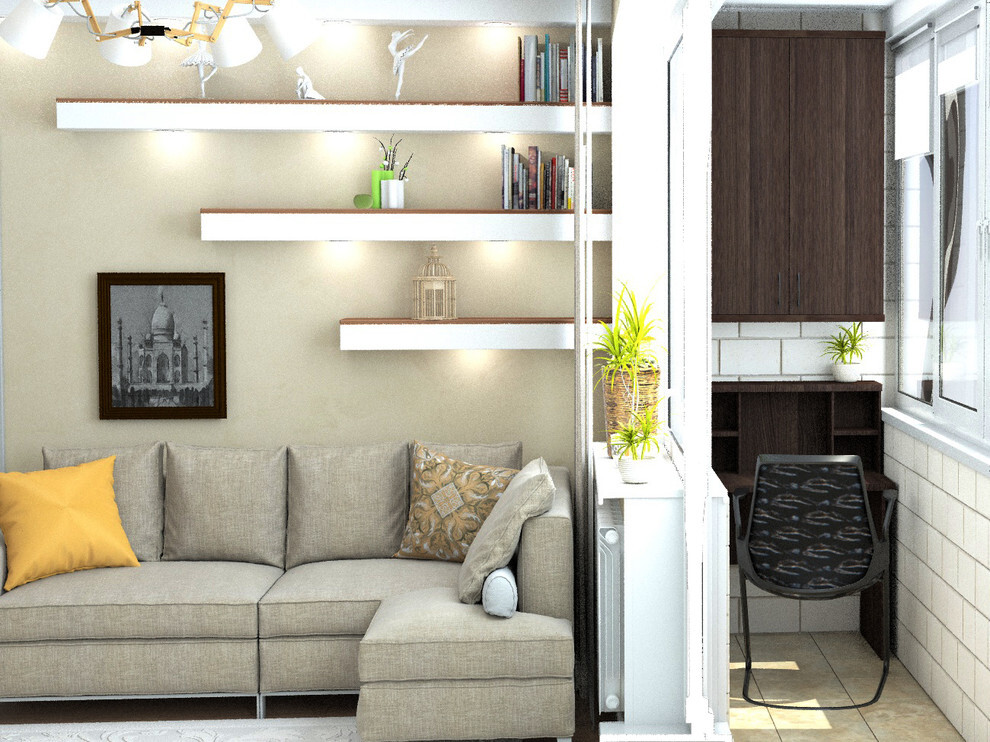 Интерьер с нишей, зонированием, проходной, полками над диваном и с антресолью в современном стиле