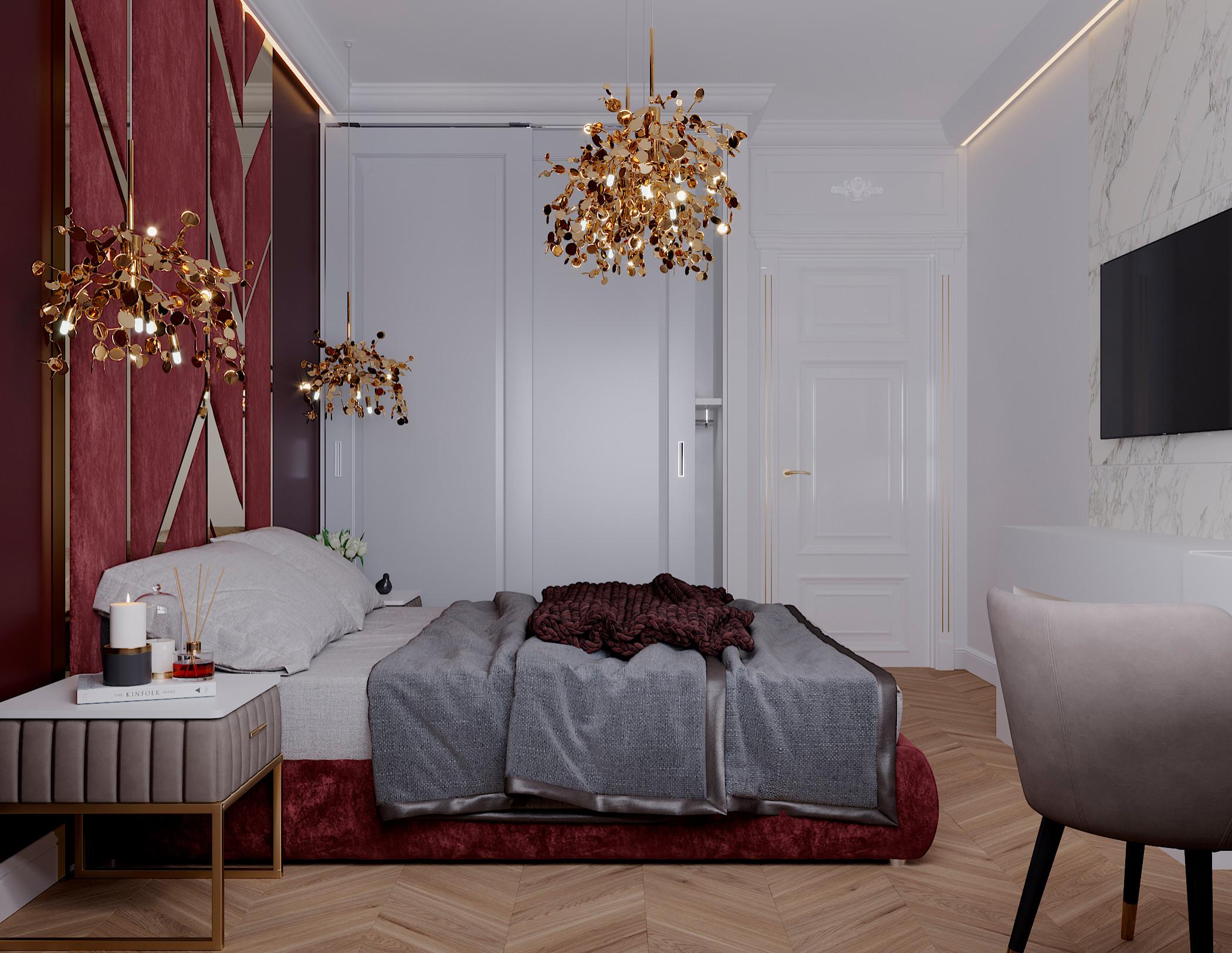 Интерьер спальни cветильниками над кроватью в неоклассике и готике