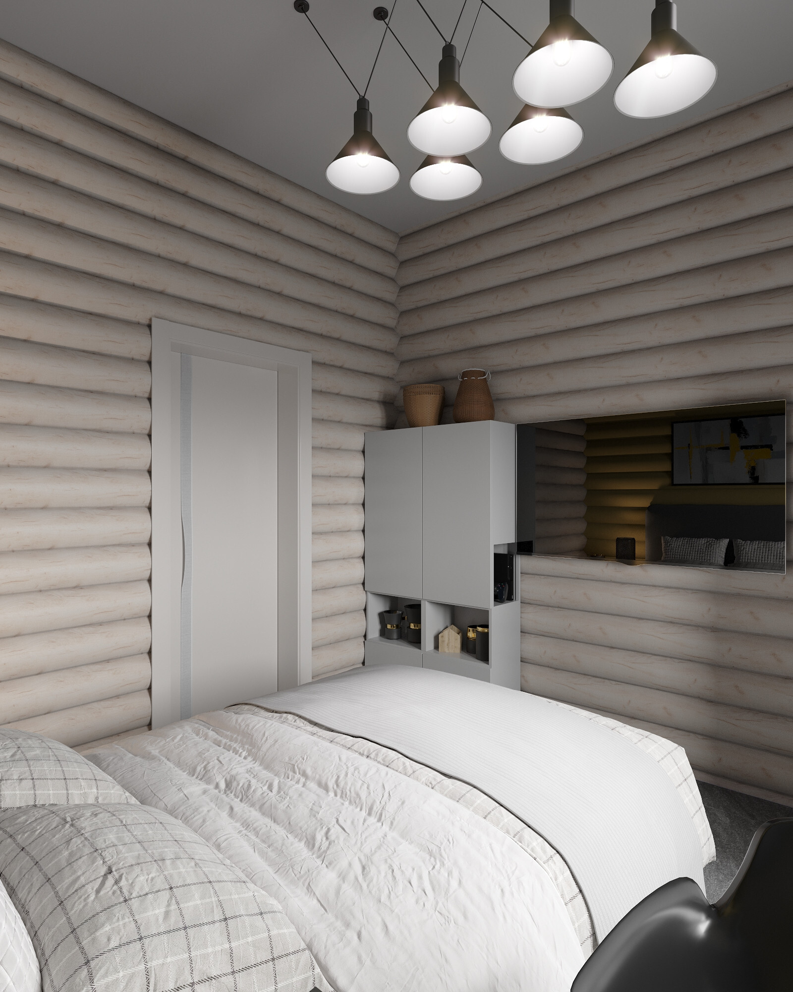 Интерьер спальни с в деревянном доме, сауной, рейками с подсветкой, подсветкой настенной, подсветкой светодиодной, светильниками над кроватью и с подсветкой