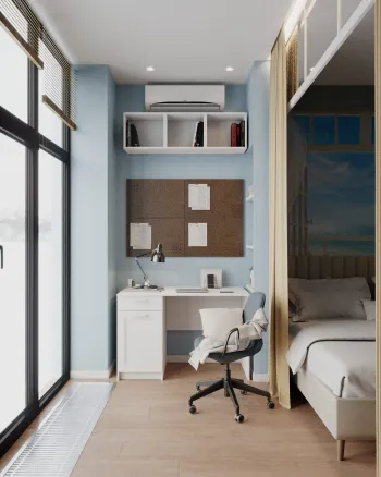 Интерьер спальни c рабочим местом в современном стиле смотреть на Basicdecor