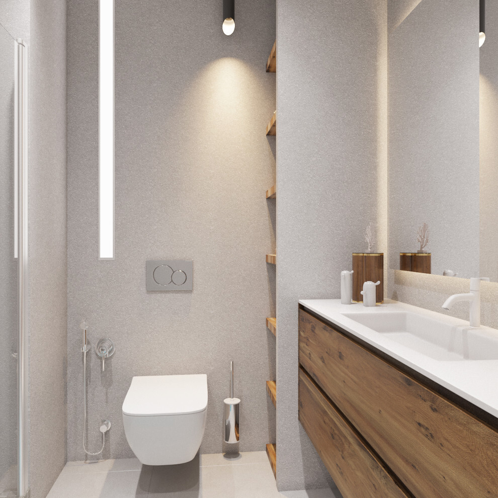 Интерьер ванной с подсветкой настенной и подсветкой светодиодной в скандинавском стиле