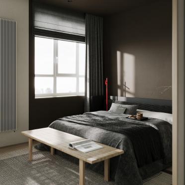 Интерьер спальни с зонированием рейками  смотреть на Basicdecor