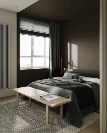Интерьер спальни с зонированием рейками  смотреть на Basicdecor
