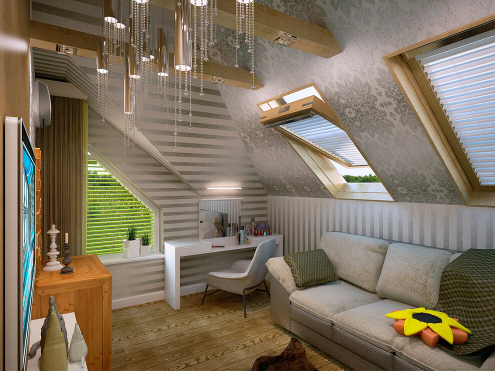 Интерьер гостиной с на мансарде, окном, в деревянном доме и с антресолью в современном стиле