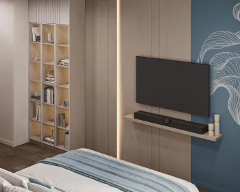 Интерьер спальни с нишей для телевизора  смотреть на Basicdecor