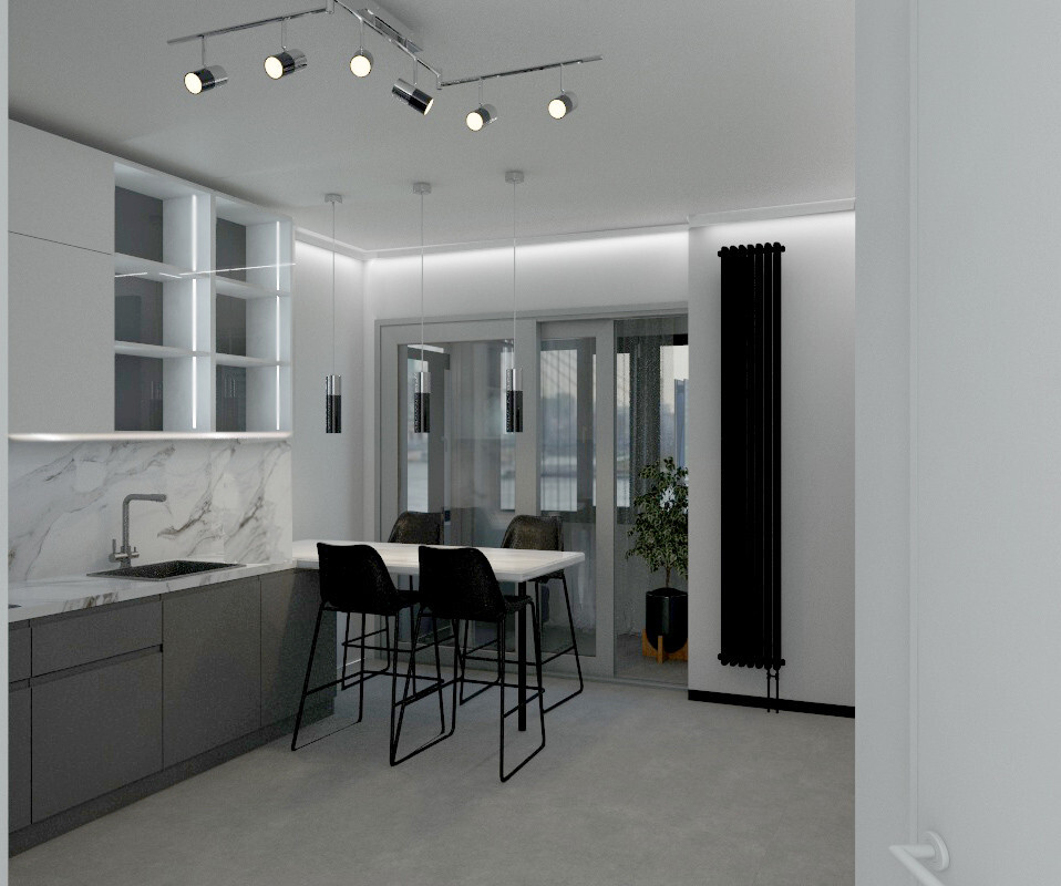 Интерьер кухни с вертикальными жалюзи и рейками с подсветкой в современном стиле