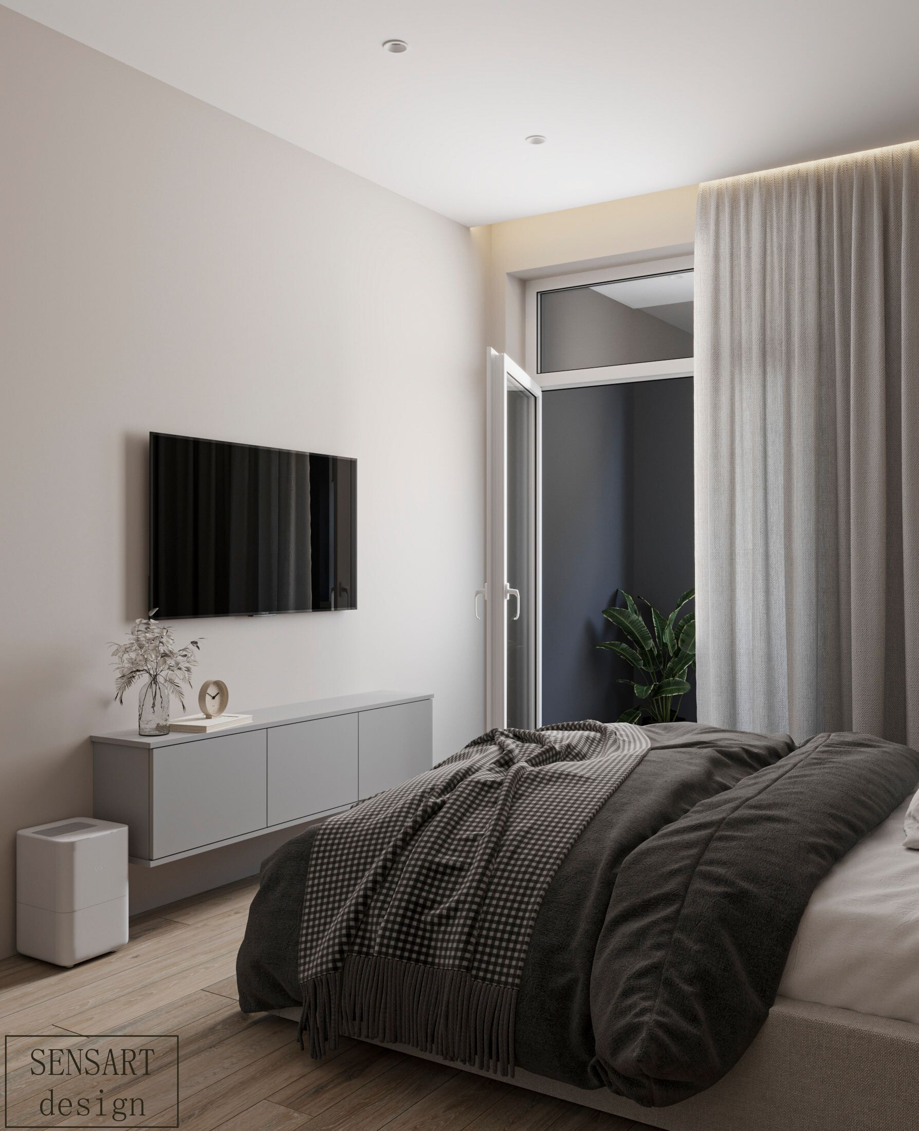 Интерьер спальни с керамогранитом на стену с телевизором и подсветкой настенной в современном стиле