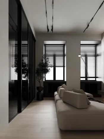 Интерьер гостиной с жалюзи и дверными жалюзи  смотреть на Basicdecor