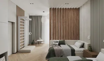 Интерьер детской с зонированием шторами, зонированием рейками и жалюзи  смотреть на Basicdecor