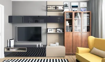 Интерьер гостиной с полками над телевизором  смотреть на Basicdecor