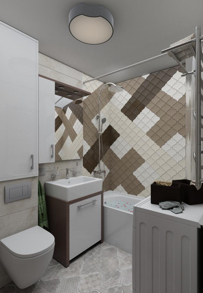 Интерьер ванной с душевой из плитки и совмещенным санузлом в стиле лофт и в стиле кантри