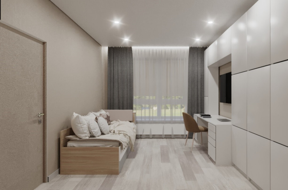 Интерьер спальни c рабочим местом, рейками с подсветкой, подсветкой настенной, подсветкой светодиодной и светильниками над кроватью в современном стиле