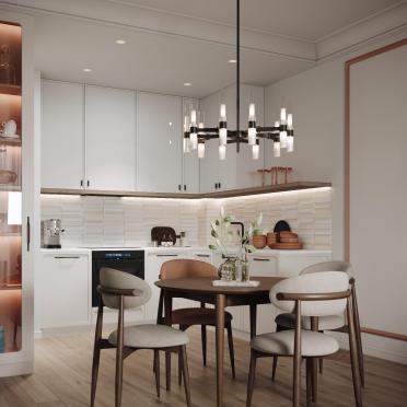 Интерьер кухни cветильниками над столом  смотреть на Basicdecor