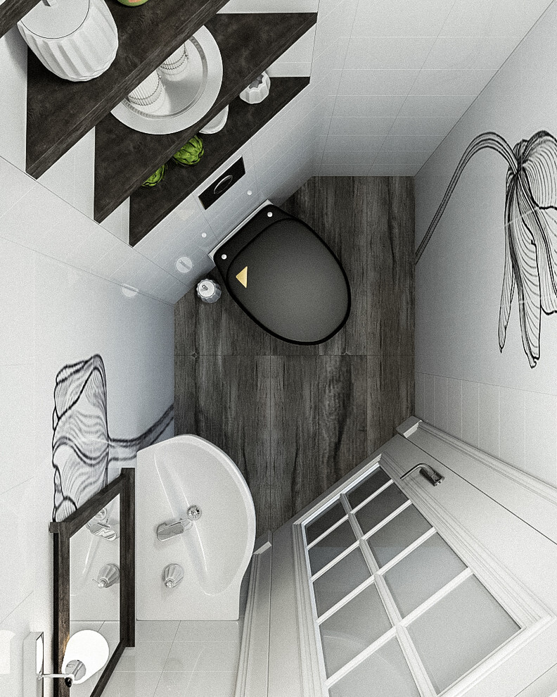 Интерьер ванной cовмещенным санузлом в стиле лофт и скандинавском стиле