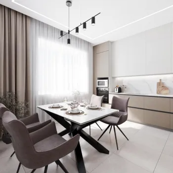 Интерьер кухни cветильниками над столом  смотреть на Basicdecor