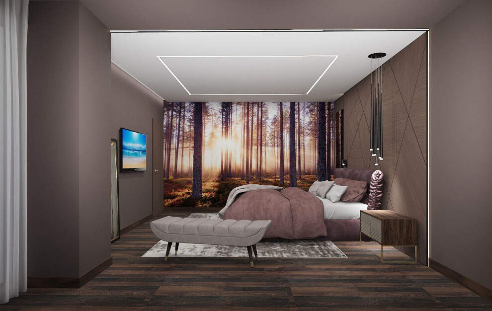 Интерьер гостиной с нишей с подсветкой, световыми линиями, рейками с подсветкой, подсветкой настенной, подсветкой светодиодной, светильниками над кроватью и с подсветкой в современном стиле