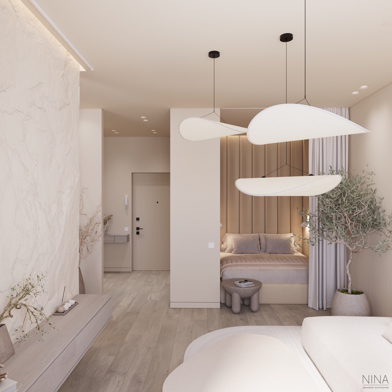 Интерьер гостиной с подсветкой настенной, подсветкой светодиодной и светильниками над кроватью