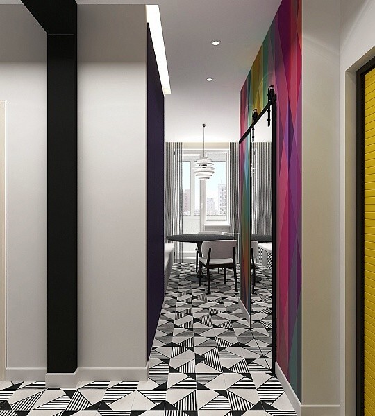 Интерьер коридора с полом и стены одного цвета, без дверей, проходной, балконом, световыми линиями, входной группой и зоной ожидания для посетителей в современном стиле
