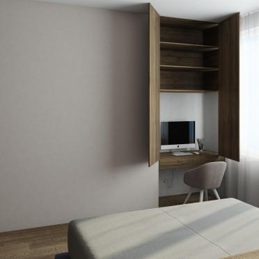 Интерьер спальни с кроватью между шкафами  смотреть на Basicdecor