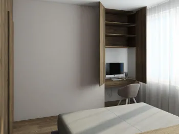 Интерьер спальни с кроватью между шкафами  смотреть на Basicdecor