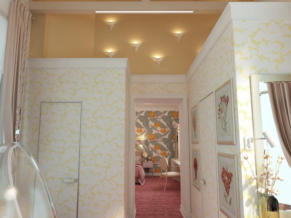 Интерьер коридора с нишей с подсветкой, рейками с подсветкой, подсветкой настенной, подсветкой светодиодной и с подсветкой
