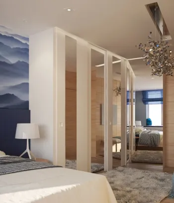 Интерьер спальни с перегородкой раздвижной в современном стиле смотреть на Basicdecor
