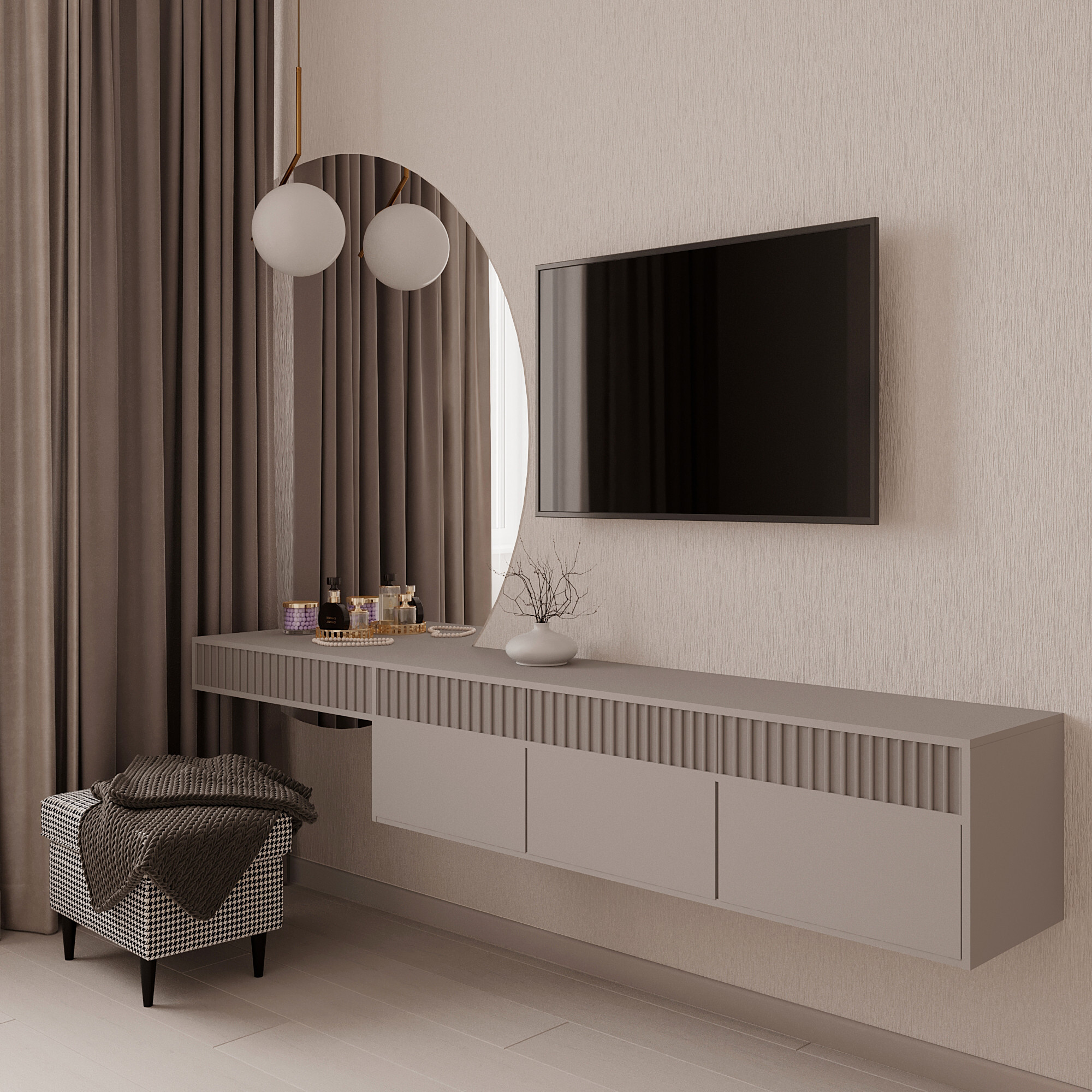 Интерьер cтеной с телевизором, телевизором на стене, нишей для телевизора и керамогранитом на стену с телевизором в современном стиле