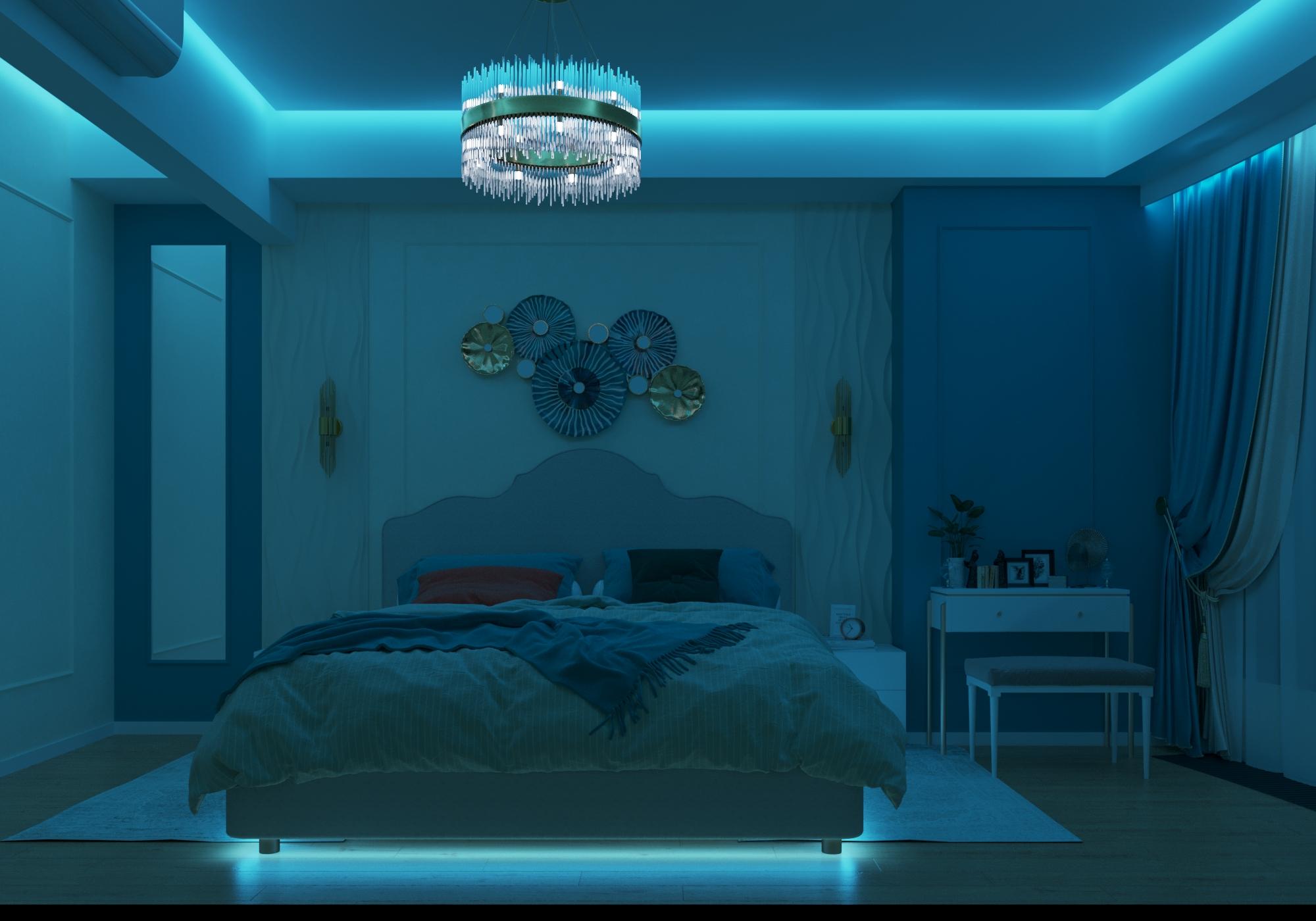 Интерьер спальни cветовыми линиями, рейками с подсветкой, подсветкой настенной, подсветкой светодиодной и с подсветкой