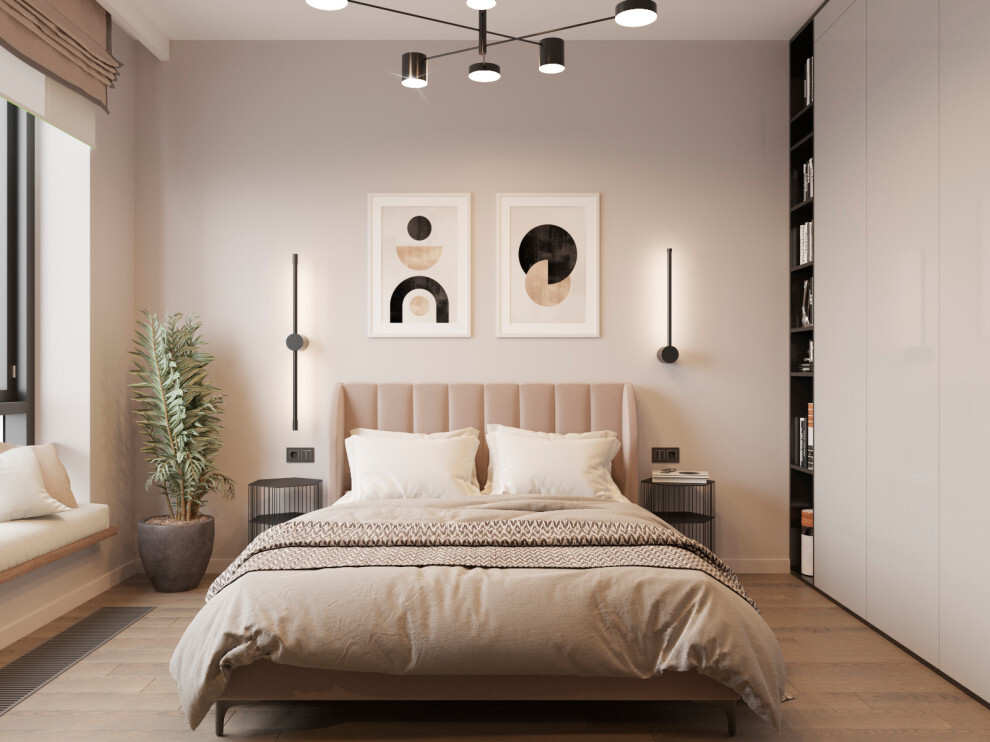 Интерьер спальни cветовыми линиями, подсветкой настенной, подсветкой светодиодной и светильниками над кроватью в современном стиле