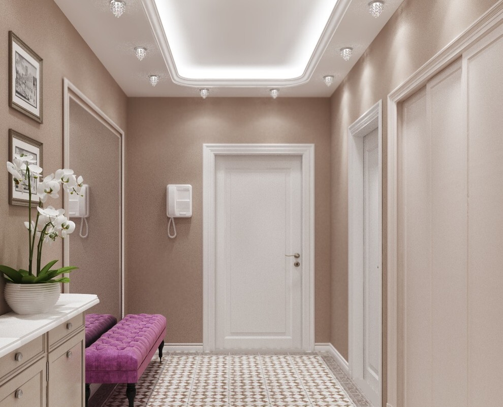 Интерьер коридора cветовыми линиями, подсветкой настенной, подсветкой светодиодной и с подсветкой в классическом стиле