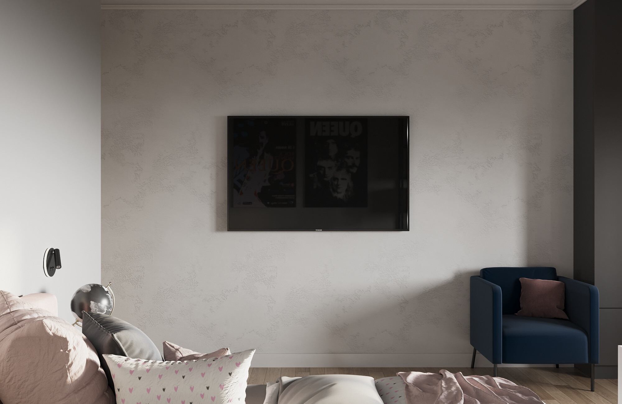 Интерьер спальни cтеной с телевизором, телевизором на рейках и телевизором на стене в современном стиле