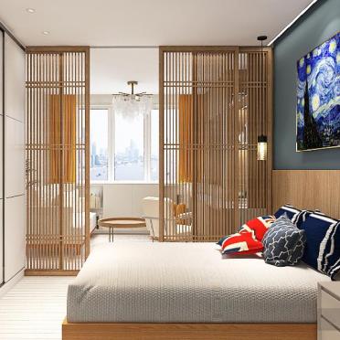Интерьер спальни с зонированием рейками  смотреть на Basicdecor
