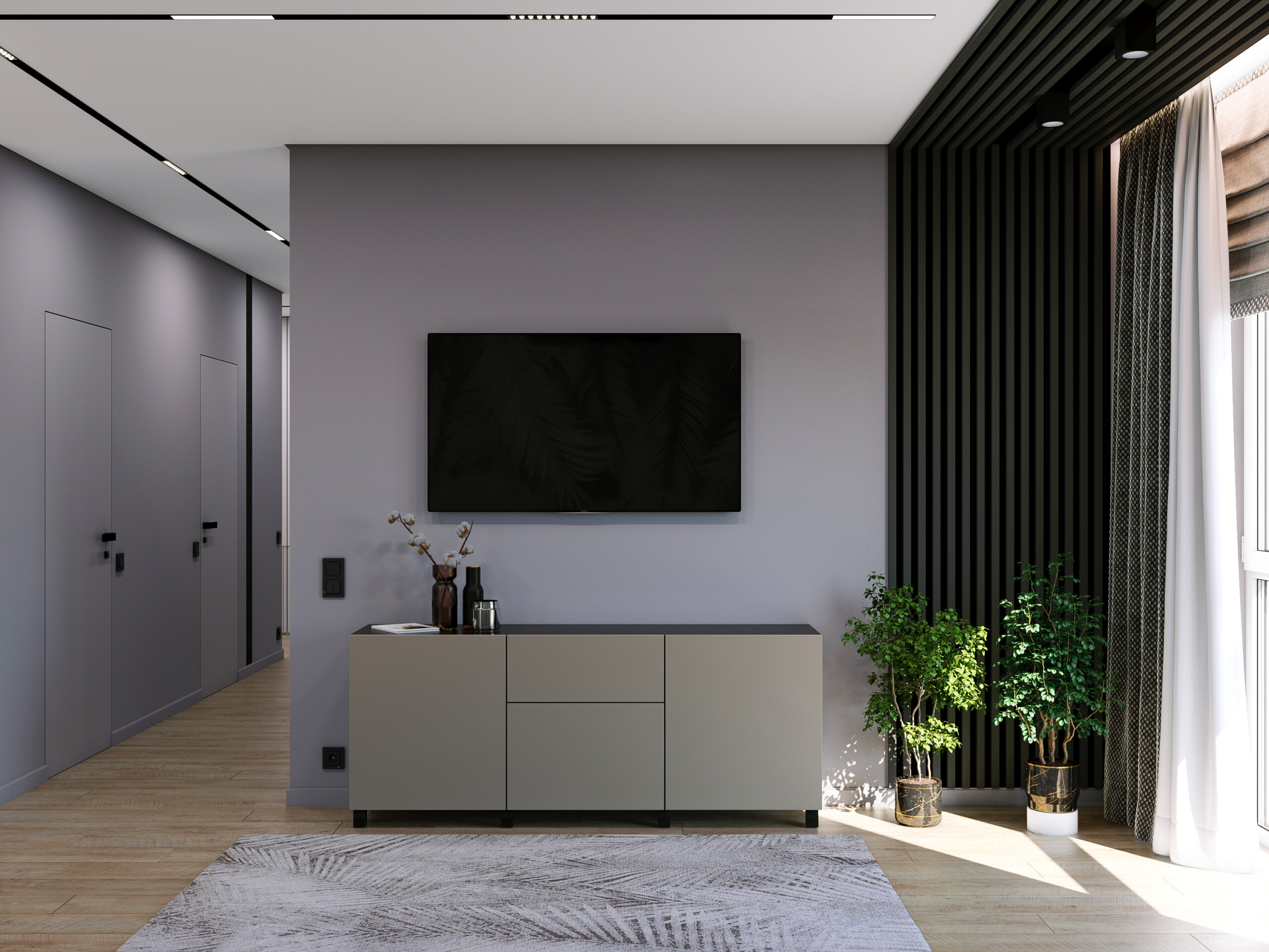 Интерьер cтеной с телевизором, керамогранитом на стену с телевизором и подсветкой настенной в современном стиле