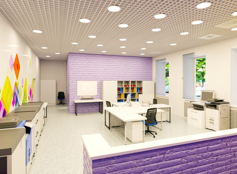 Интерьер офиса cветовыми линиями, подсветкой настенной и подсветкой светодиодной в современном стиле